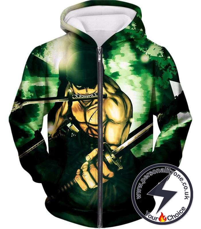 One Piece Powerful Straw Hat Swordsman Demon Roronoa Zoro Awesome Action Zip Up Hoodie